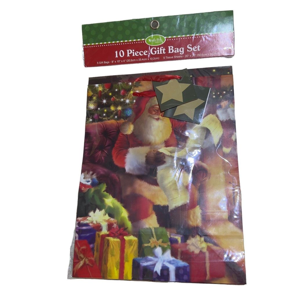 VTG North Pole Treasures 10 piece Gift Bag Set Christmas Santa Presents- NOS